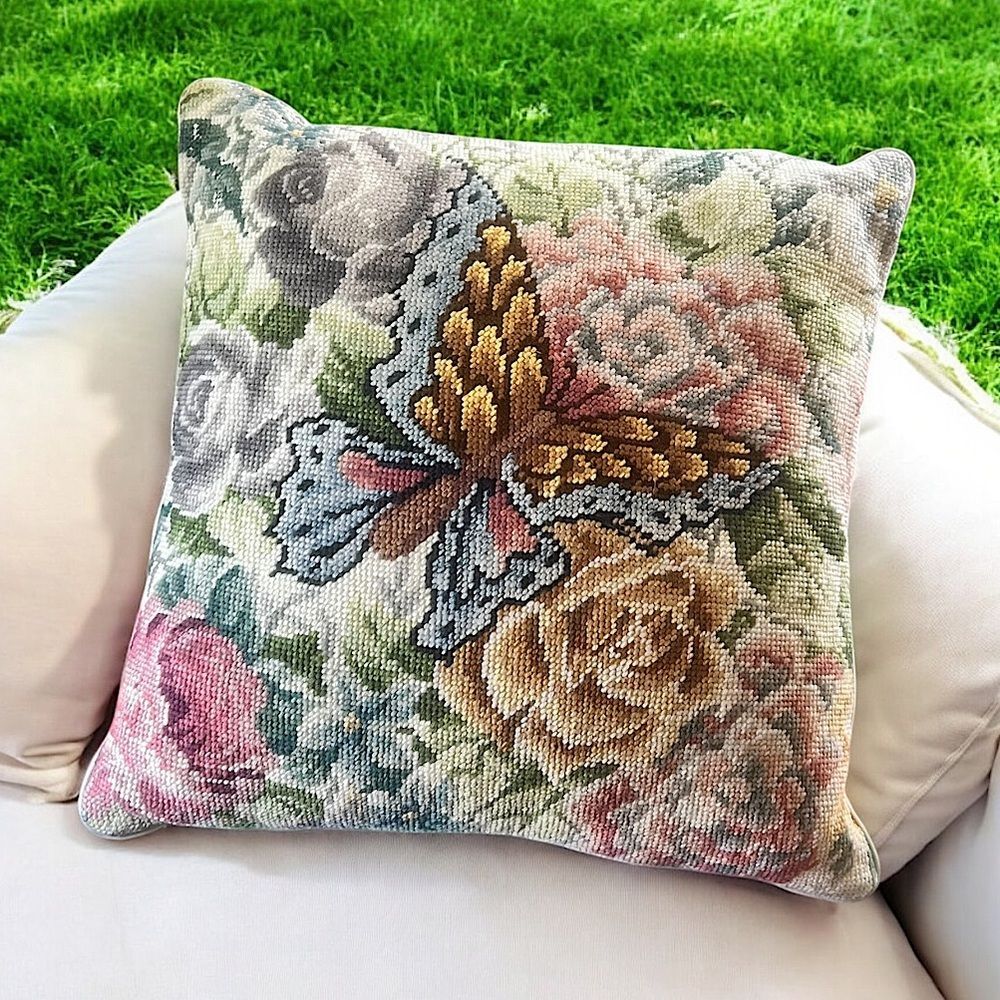 Handmade Needle Point Floral Butterfly Accent Pillow 16” x 16”